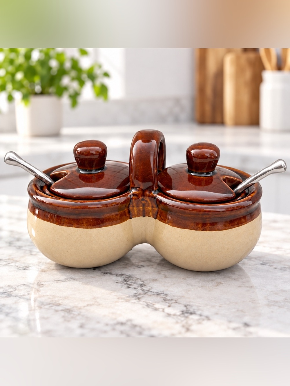 Vintage Brown & Beige Ceramic Double Condiment Jar Set w/ Lids & Spoons
